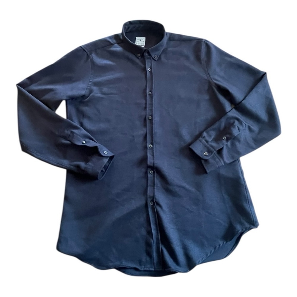 Zara Men's Navy Blue Long Sleeve Button Down Shirt Size L RELAXED FIT